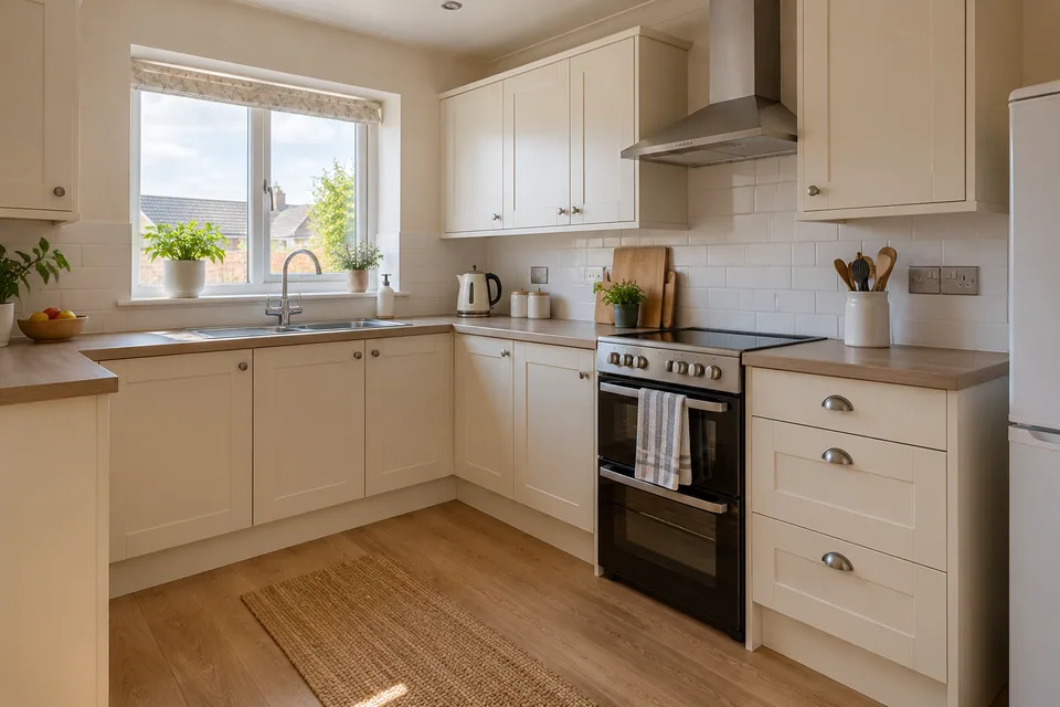 Warm-white Shaker kitchen with a pale worktop