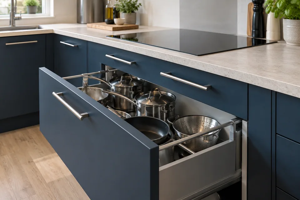 Blue cupboards with a deep drawer for pans