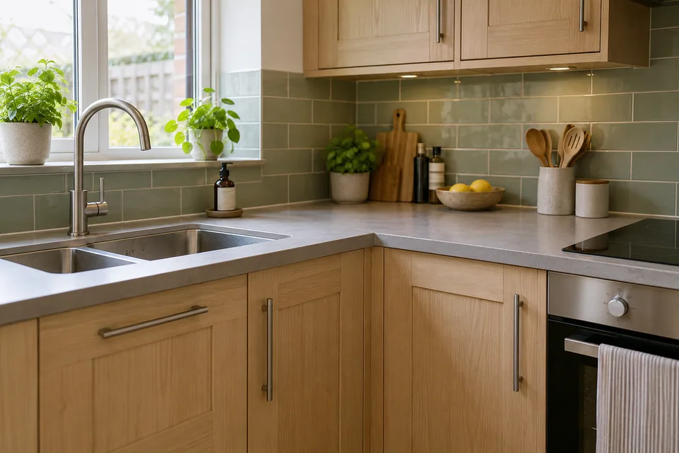 Light oak kitchen corner with grey worktops and a stainless steel sink