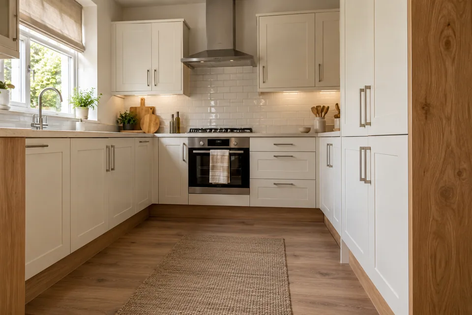 Ivory kitchen with coordinated cupboard fronts and plinth