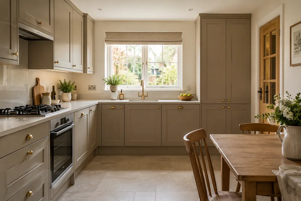 Taupe Shaker cupboard doors with brass knobs