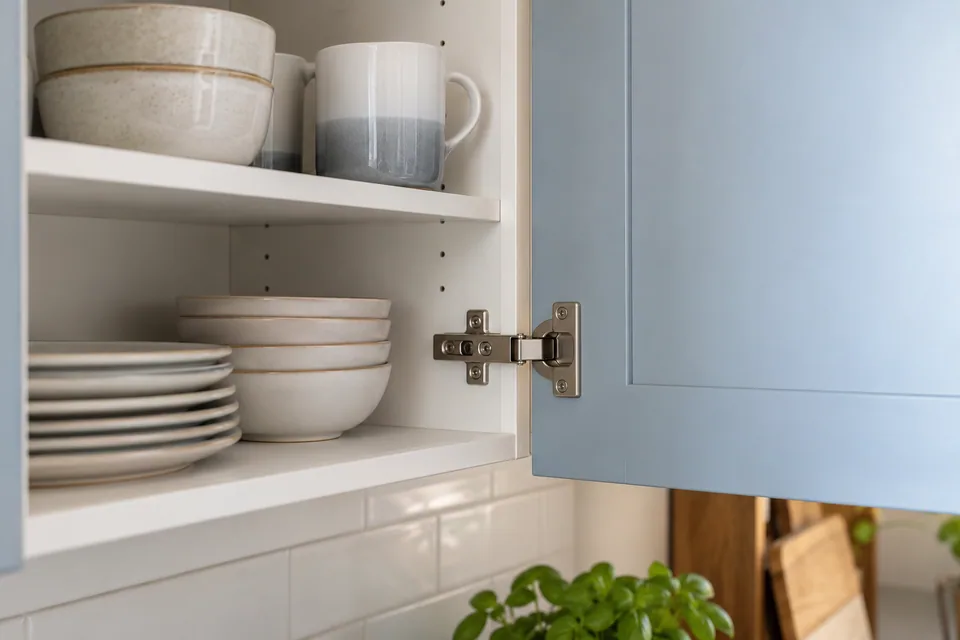 Cupboard interior and concealed hinge on a pale blue door