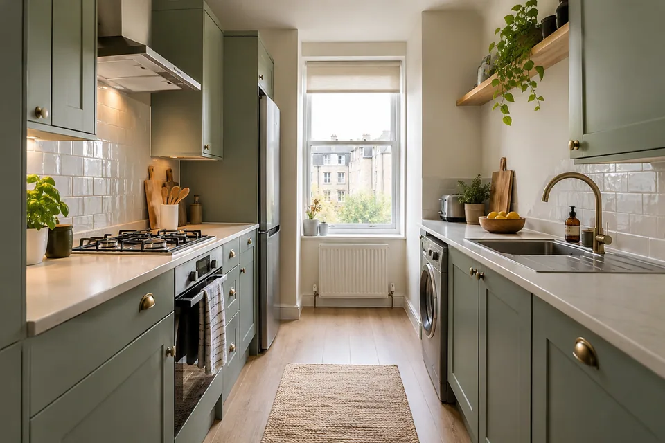 Compact sage galley kitchen with clear worktop space
