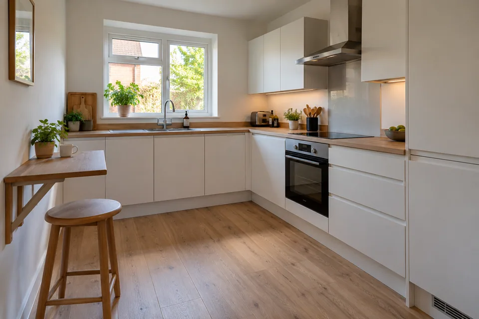 Small L-shaped kitchen with a clear route through the room