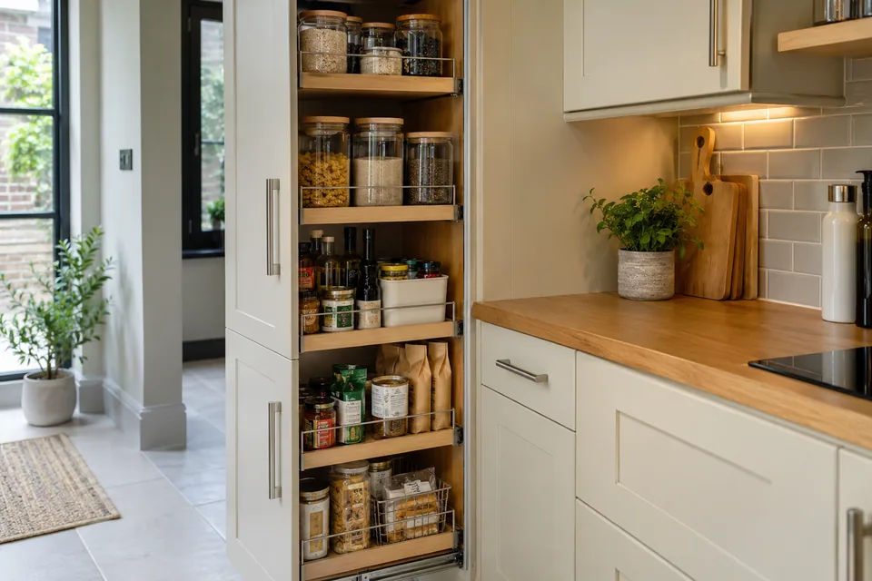 Pull-out pantry shelves in a compact cream kitchen
