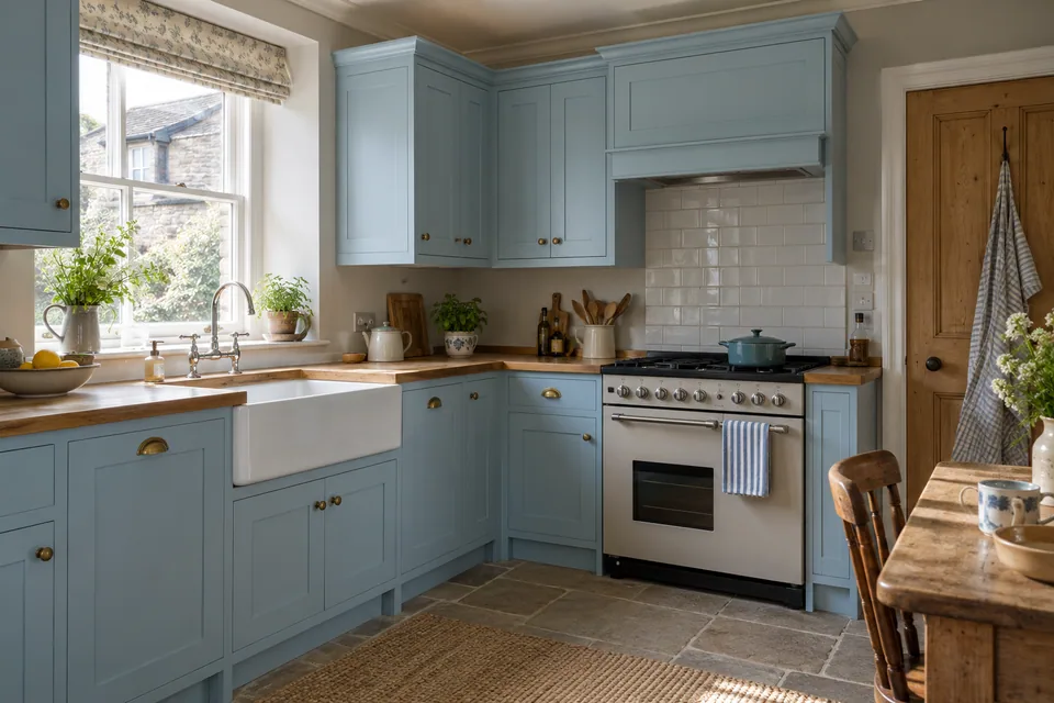 Traditional powder-blue kitchen with timber worktops