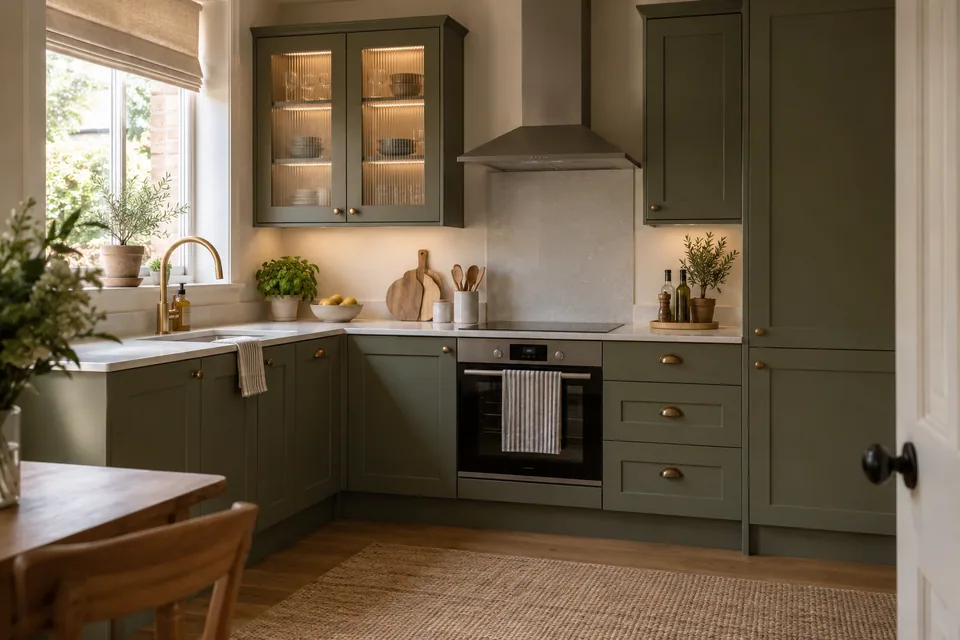 Olive Shaker kitchen with warm wood details