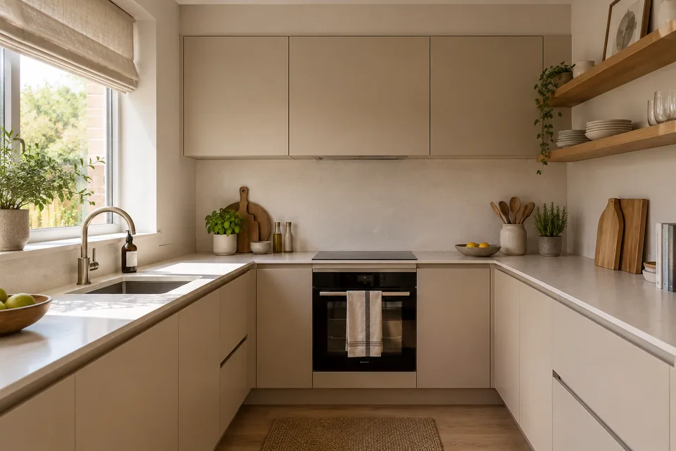 Clay-coloured handleless kitchen with recessed grip rails