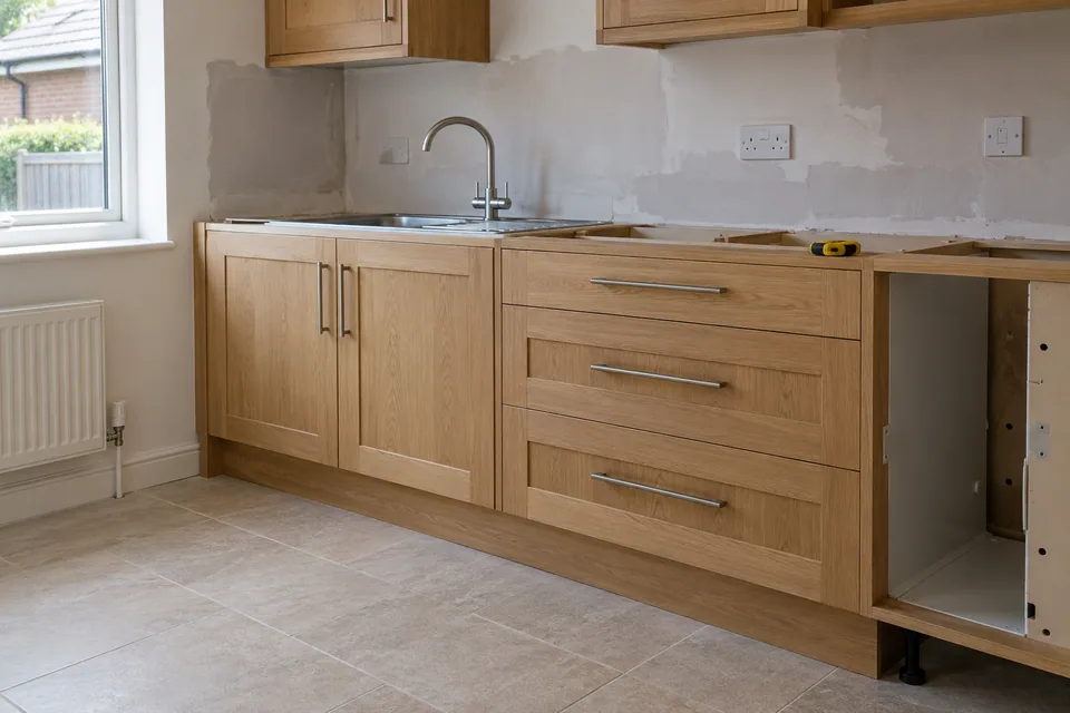 Oak base cupboards during kitchen fitting