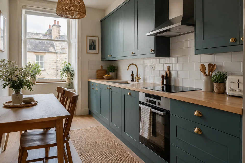 Muted teal kitchen with a small dining table