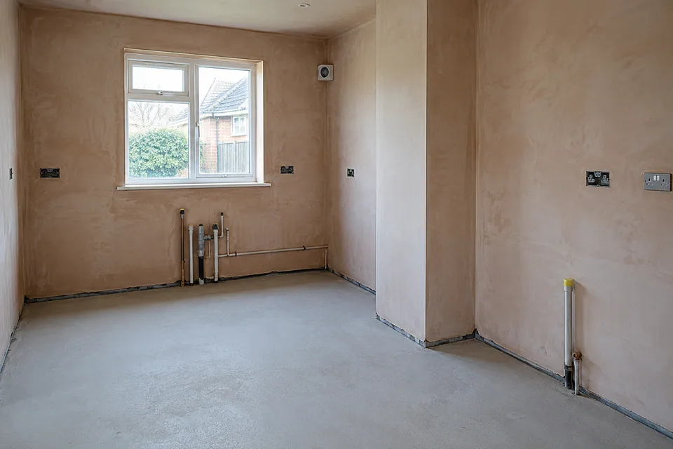 A cleared kitchen room prepared for new cupboards