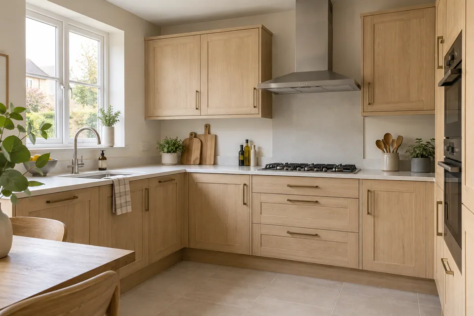 A light-filled compact kitchen with pale oak cabinets and an intelligently planned L-shaped arrangement, a clear cooking zone and useful storage