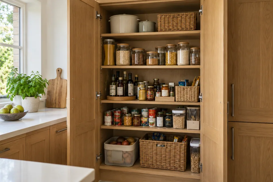 A close view of a practical kitchen pantry cabinet with open doors showing adjustable shelves and ordinary groceries, realistic oak joinery
