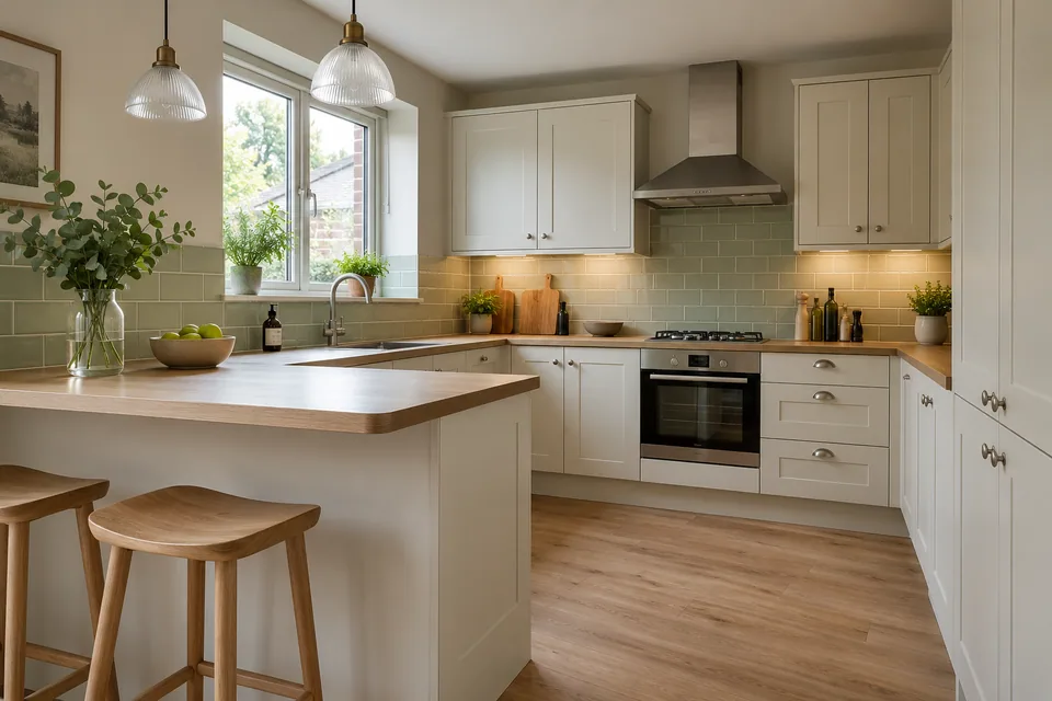A kitchen with warm white cabinets, pale green wall tiles and a modest breakfast peninsula with clear walking space
