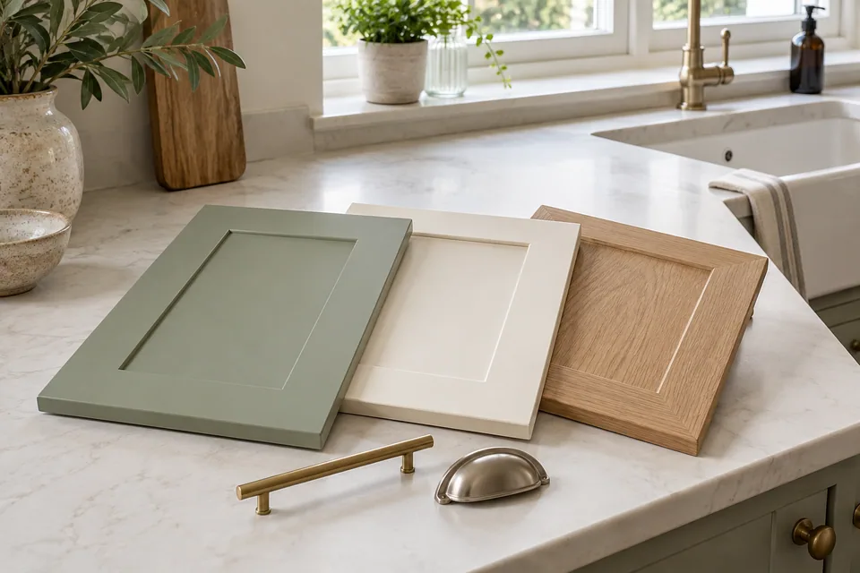 A close view of simple kitchen door samples in sage, cream and oak arranged neatly on a worktop beside two unbranded handle samples