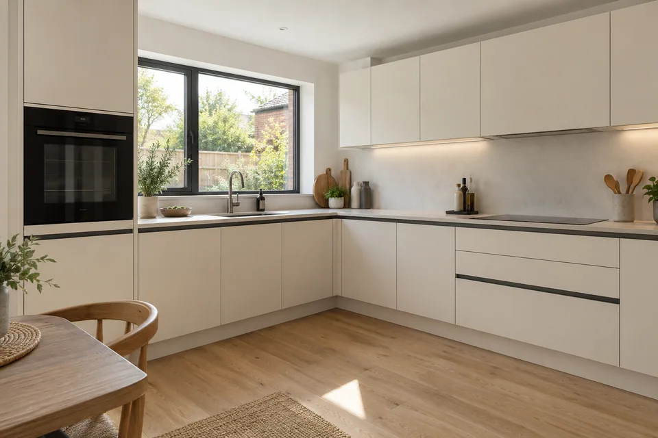 Warm off-white true handleless cabinets with recessed grip rails in a compact L-shaped room