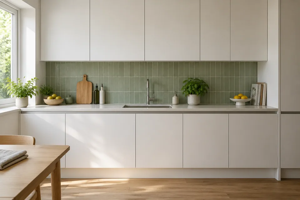A white handleless kitchen sink run with matching concealed storage