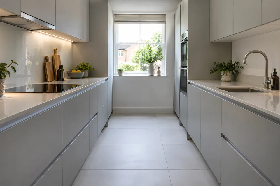 Pale grey handleless galley cabinets with visible horizontal finger-pull channels