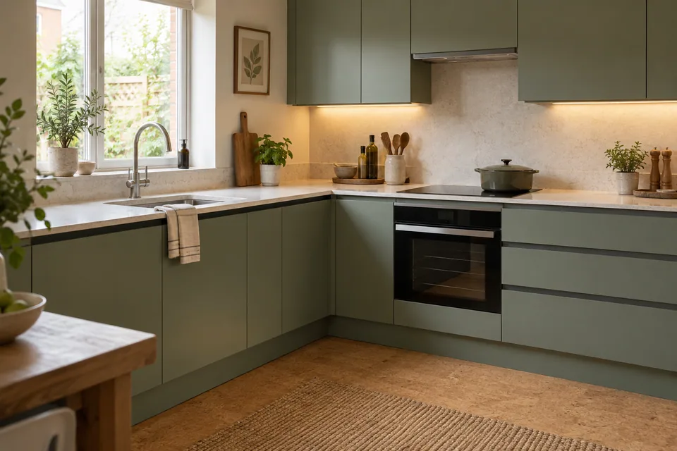 Muted green handleless doors with continuous grip rails and pale counters