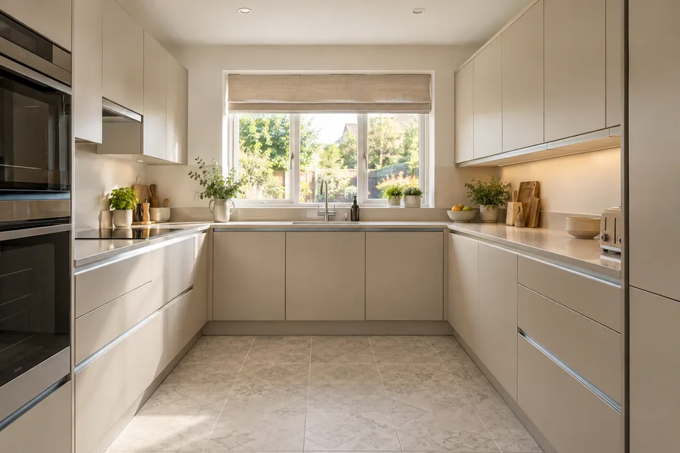 Soft beige handleless cabinets in a modest U-shaped family kitchen