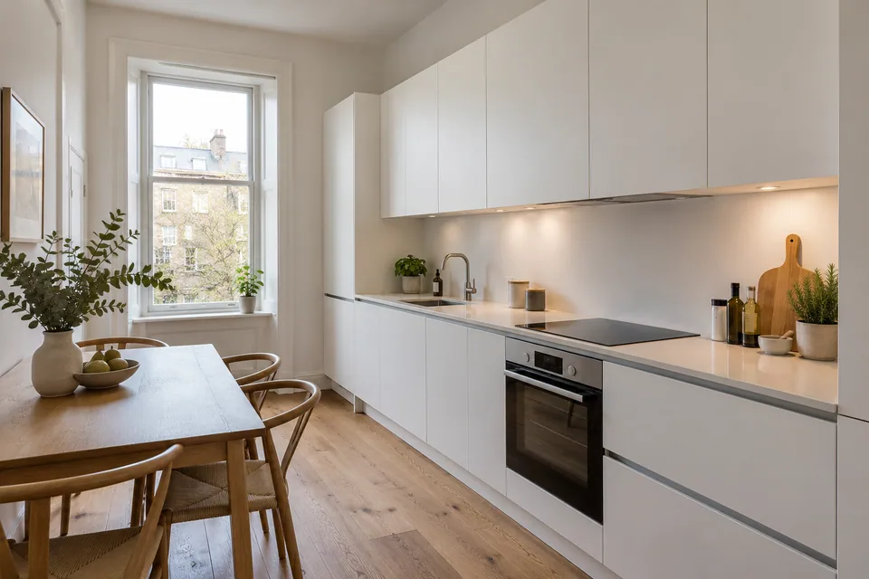 White true handleless cupboards with oak flooring in a bright flat-size room