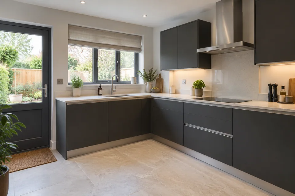 Charcoal handleless units with light worktops in a medium UK kitchen