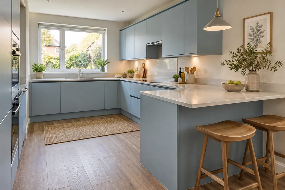 Pale blue handleless cabinets and a small breakfast peninsula