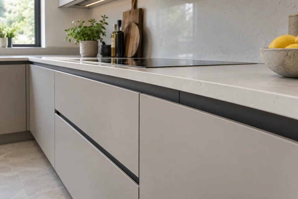 Close view of a clean recessed handleless grip rail and aligned drawers