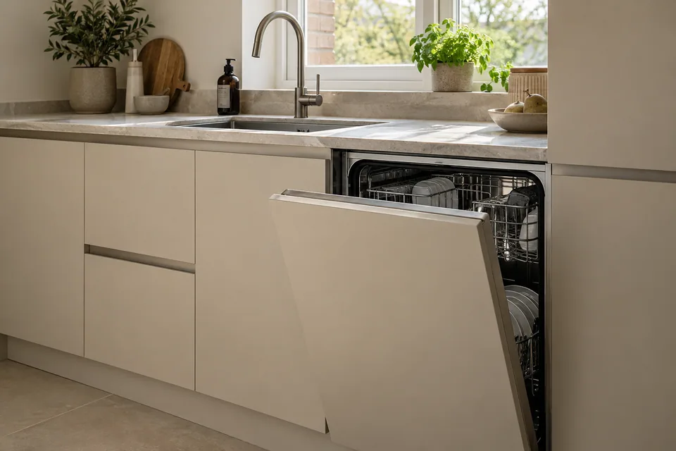 Close view of warm beige handleless units beside an integrated dishwasher