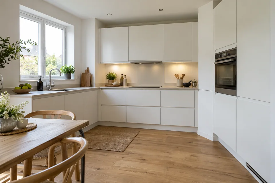 White true handleless cupboards with oak flooring in a bright flat-size room
