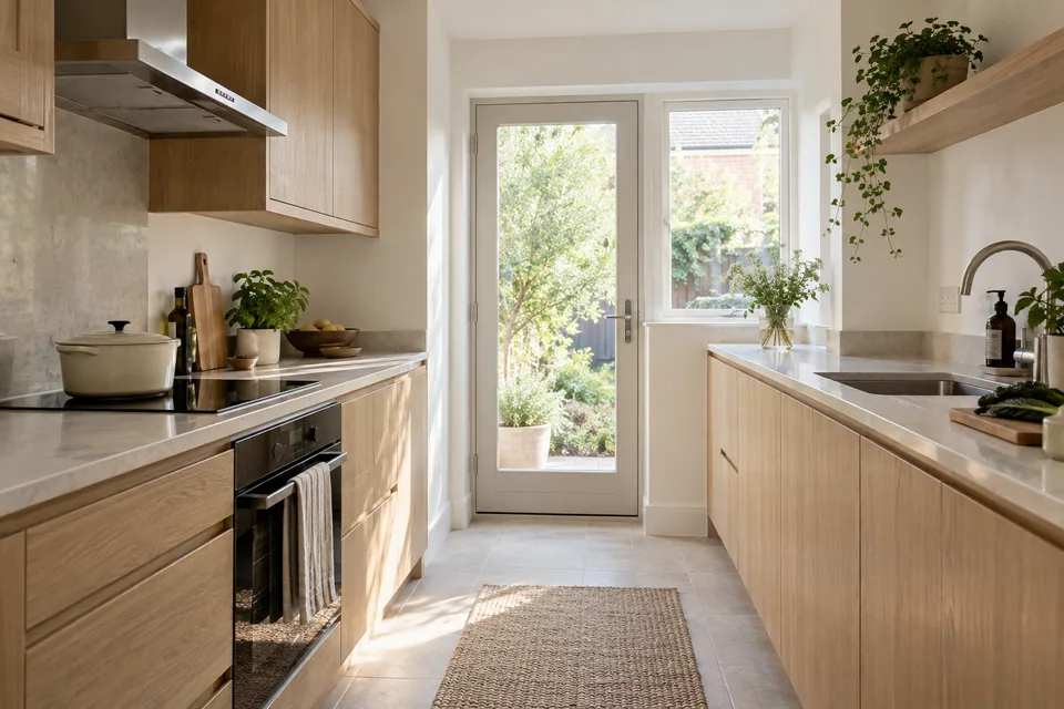 A compact pale oak galley with white walls and a realistic cooking zone