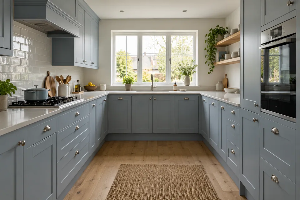 A soft blue U-shaped kitchen with useful drawers and open floor space
