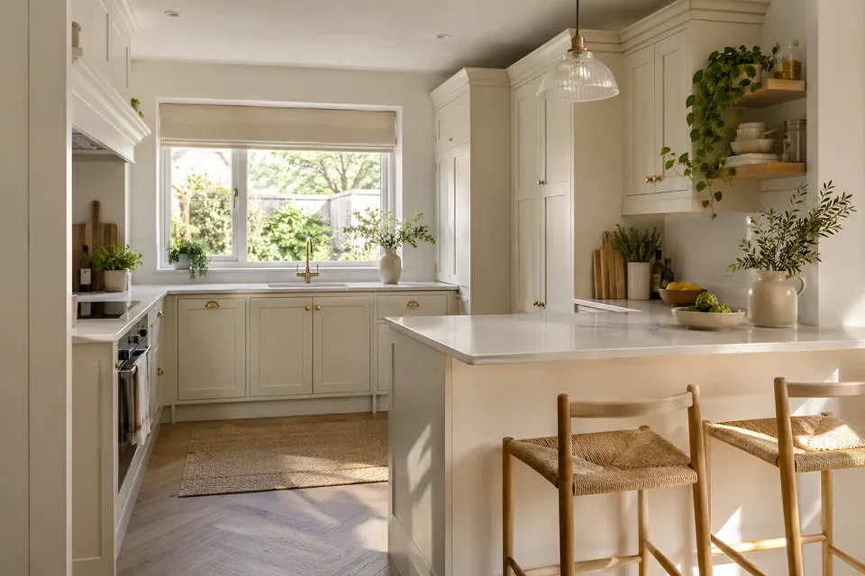 A warm white kitchen with a small two-seat peninsula