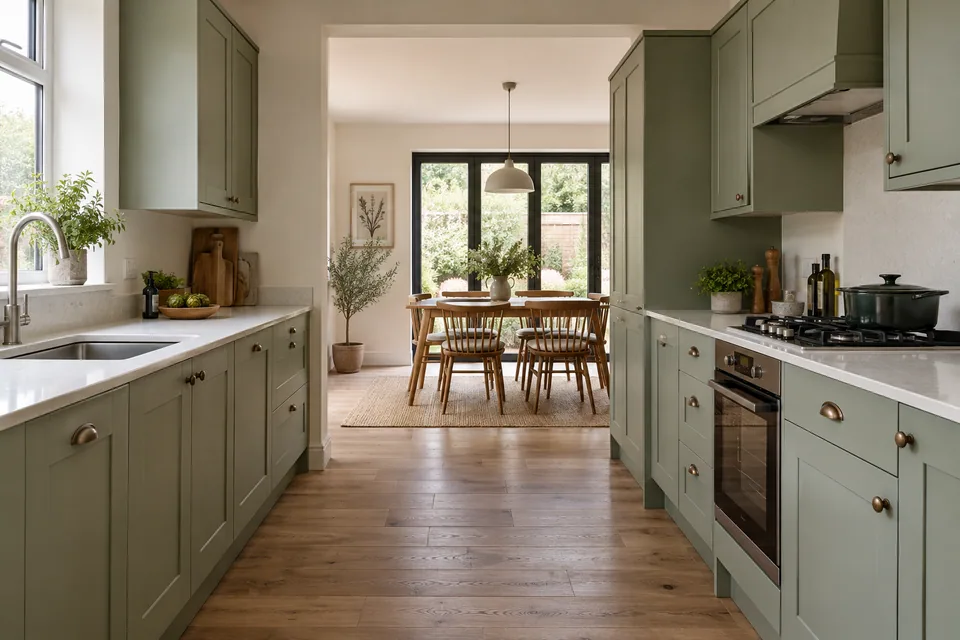 A sage green fitted kitchen opening into a modest dining space