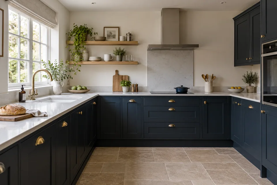 A navy family kitchen with generous clear worktop space and simple brass handles
