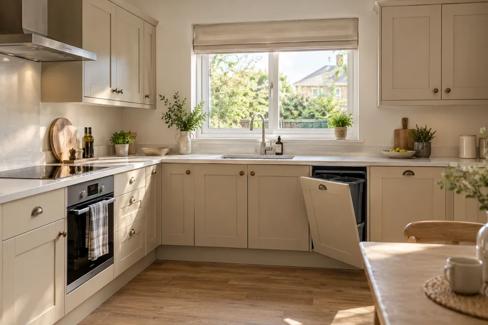 A sand-coloured kitchen with a window above the sink and built-in recycling