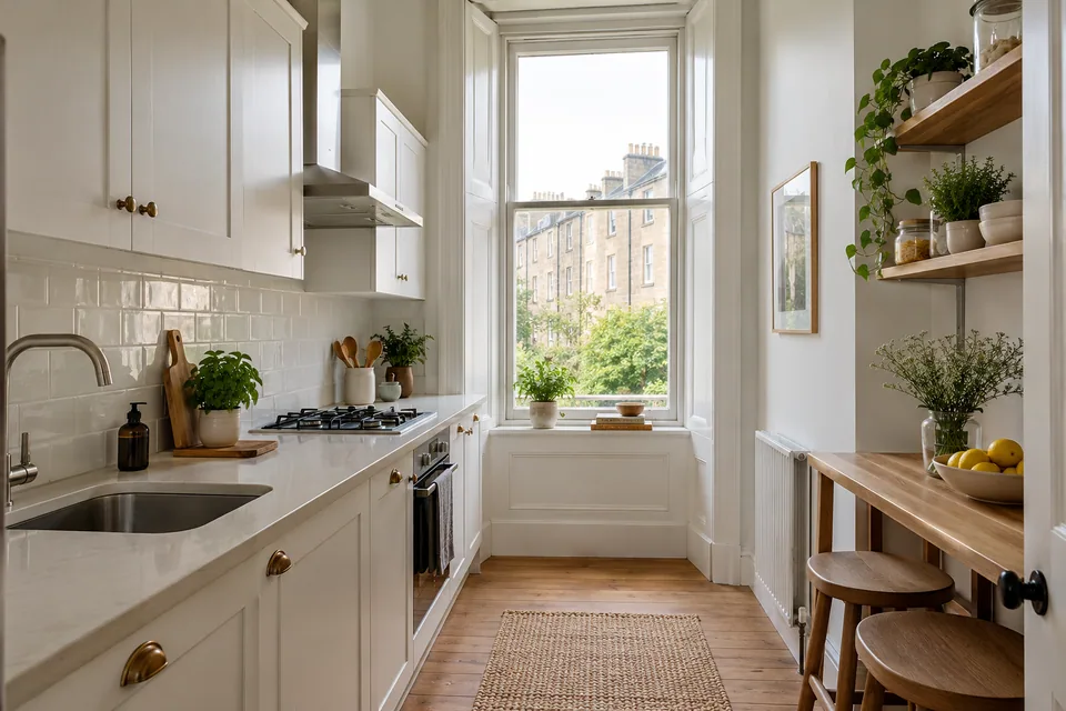 A compact white kitchen in a tenement flat with tall ceilings and a narrow window