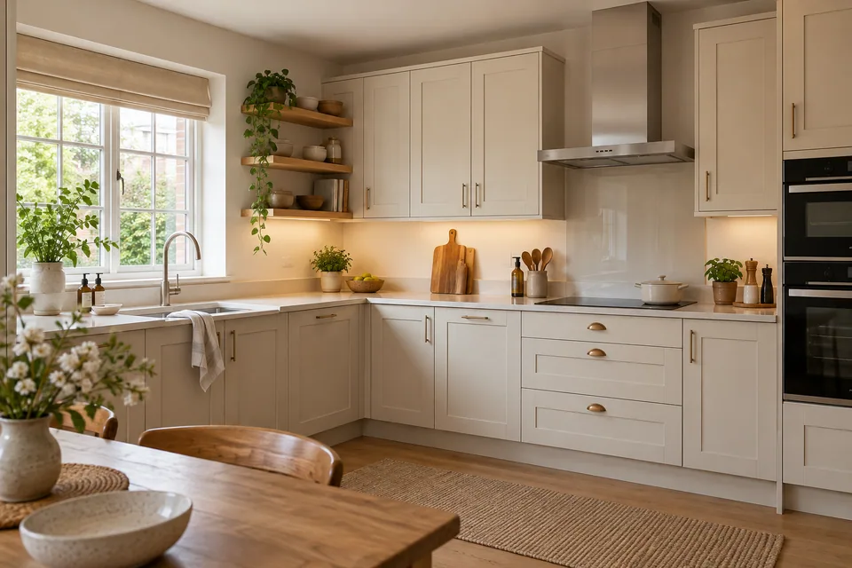 A light oak and cream fitted kitchen with a practical corner layout
