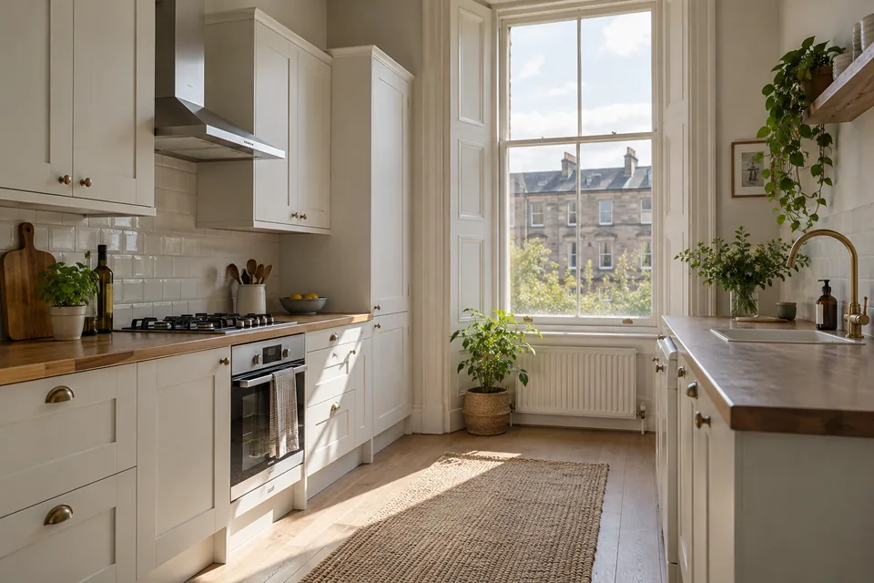 White Shaker cabinets in a Glasgow tenement-size kitchen with a tall window