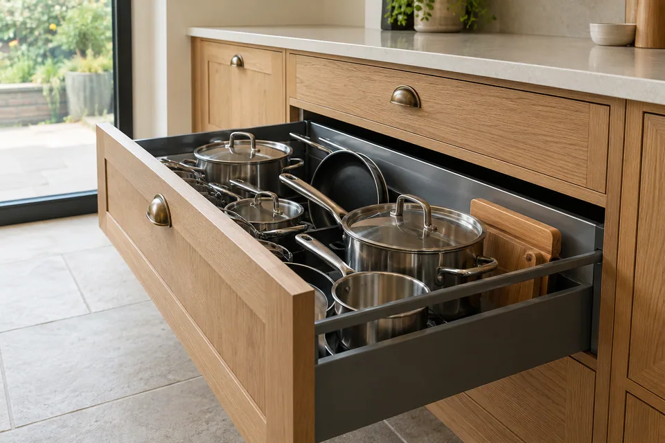 A close view of a fully open deep kitchen pan drawer with neatly organised ordinary pots, coordinated natural oak cabinetry