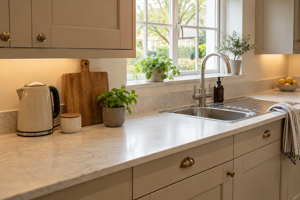 A pale worktop with usable preparation space beside a stainless steel sink and warm beige cupboards, realistic kettle and chopping board