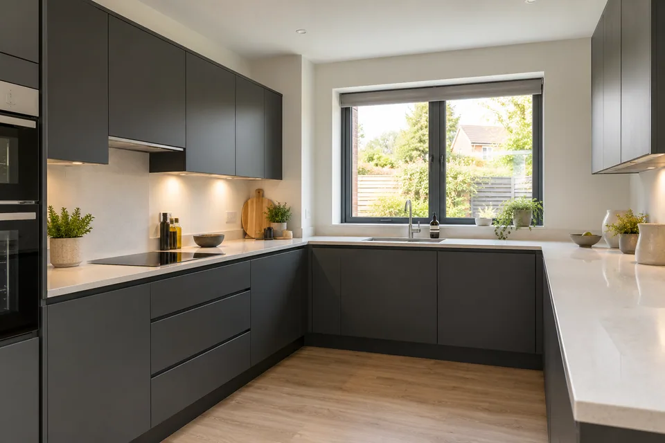 Charcoal handleless units with light worktops in a medium UK kitchen