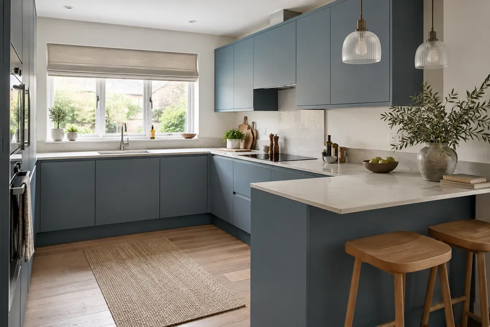 Muted blue slab cabinets with a small breakfast peninsula