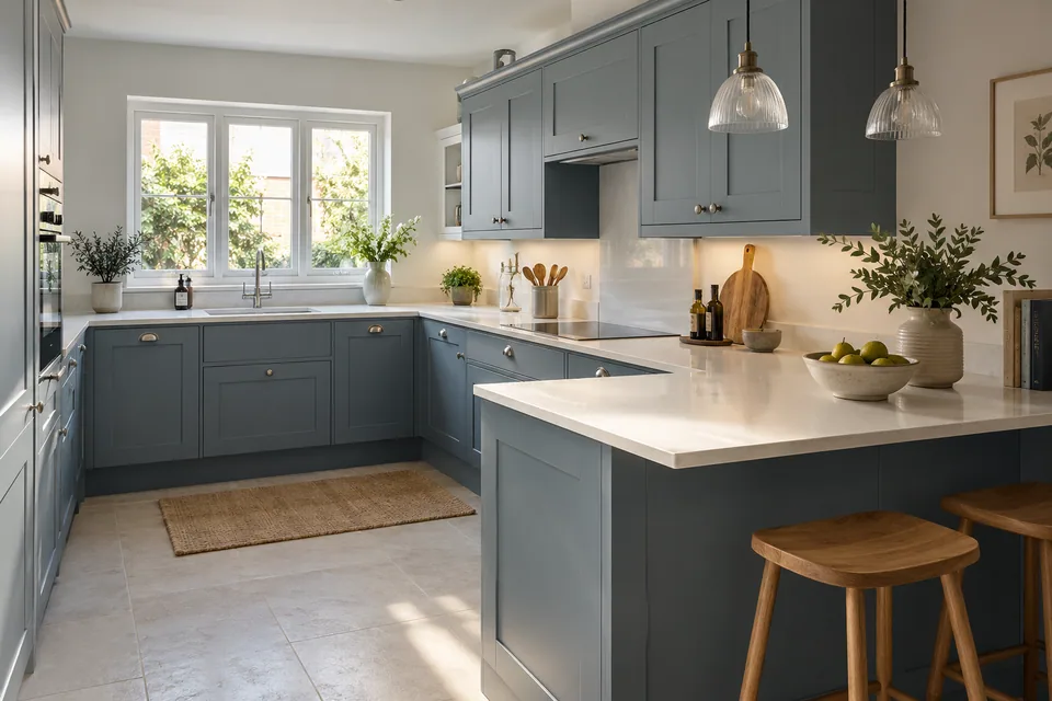 Muted blue Shaker units and a practical small peninsula