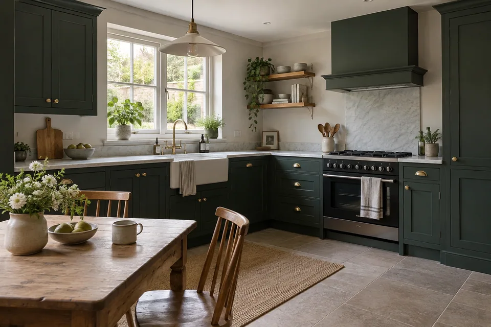 Dark green classic cabinetry with a small timber breakfast table