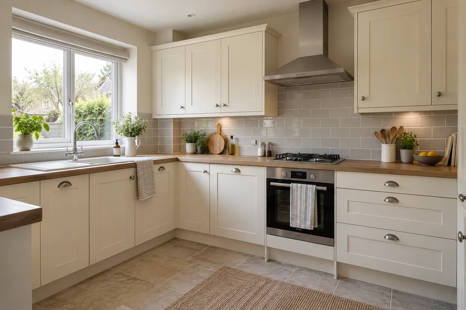 A warm cream kitchen with a useful L-shaped worktop and light grey tiled splashback