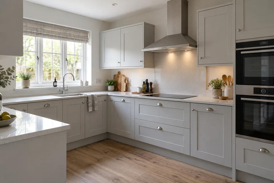 A pale grey kitchen with a corner sink run and integrated appliances