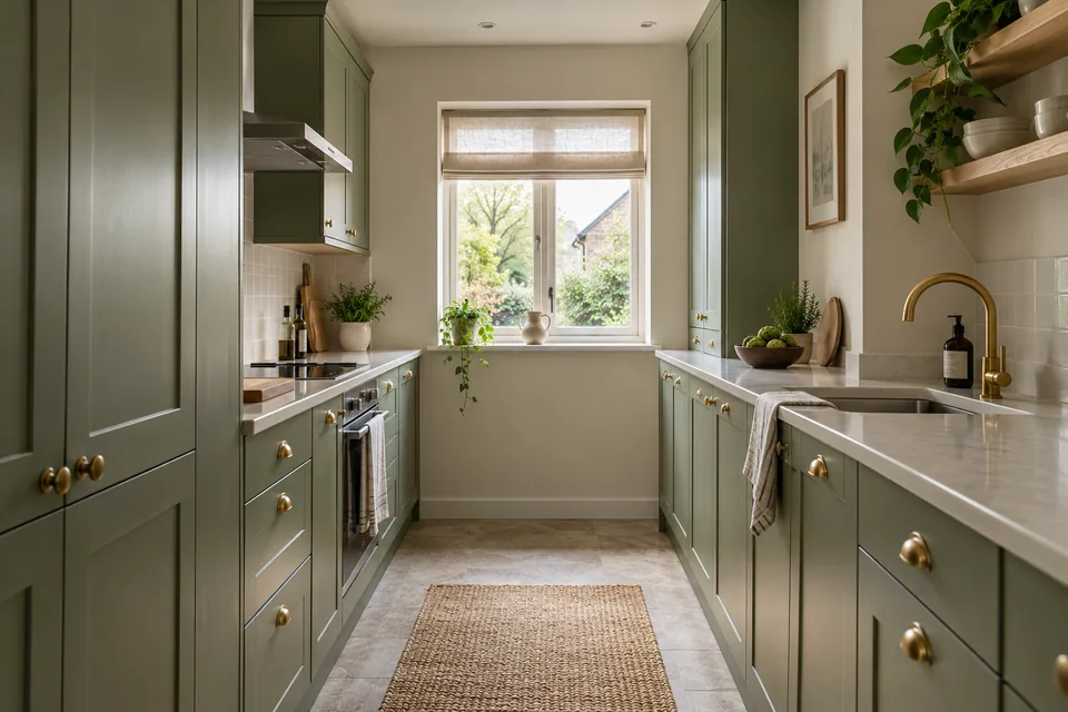 A compact sage green galley kitchen with tall pantry cupboards
