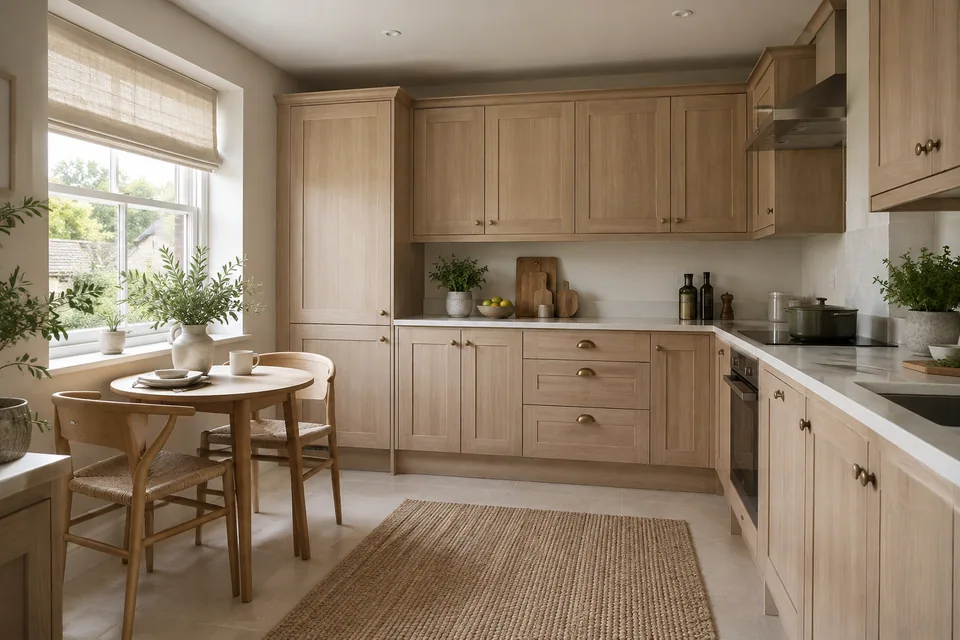 A pale oak kitchen with a quiet breakfast corner beneath a window