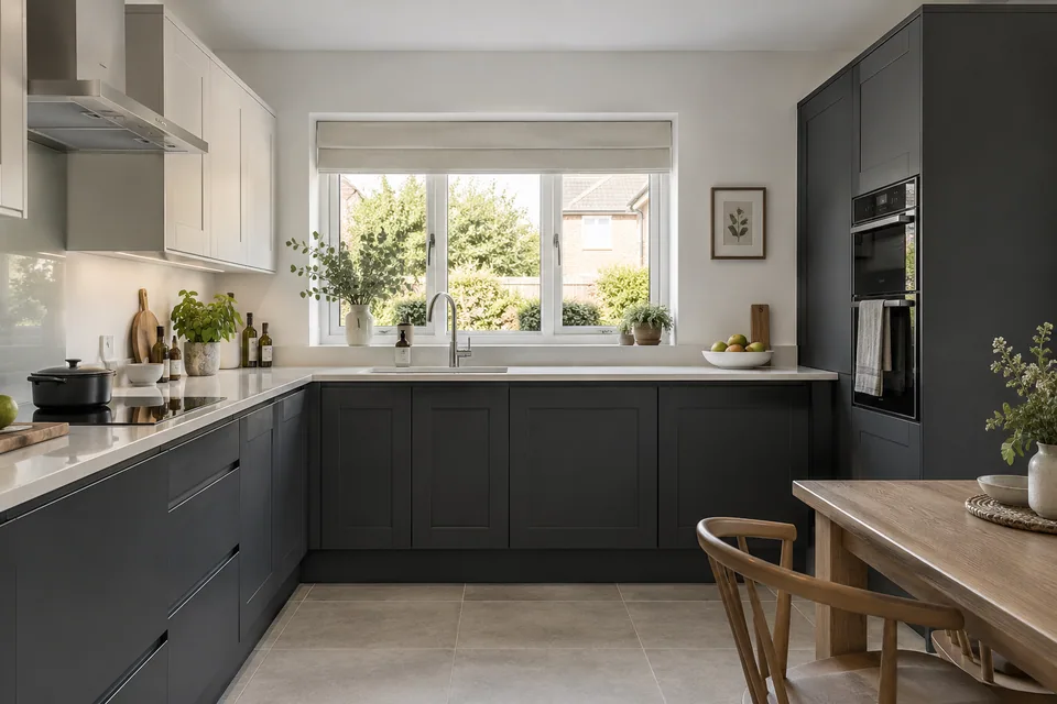 A charcoal and white fitted kitchen in a medium UK family home